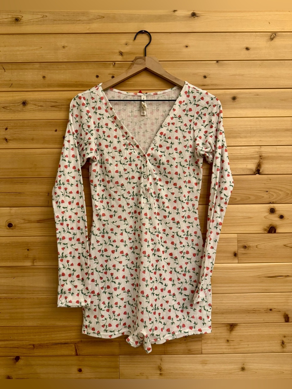 For Love & Lemons Small Rose Pointelle Long Sleeve Henley Romper Romantic